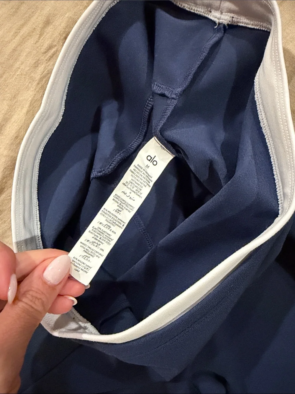 ALO Yoga Navy Bike Shorts with White Waistband